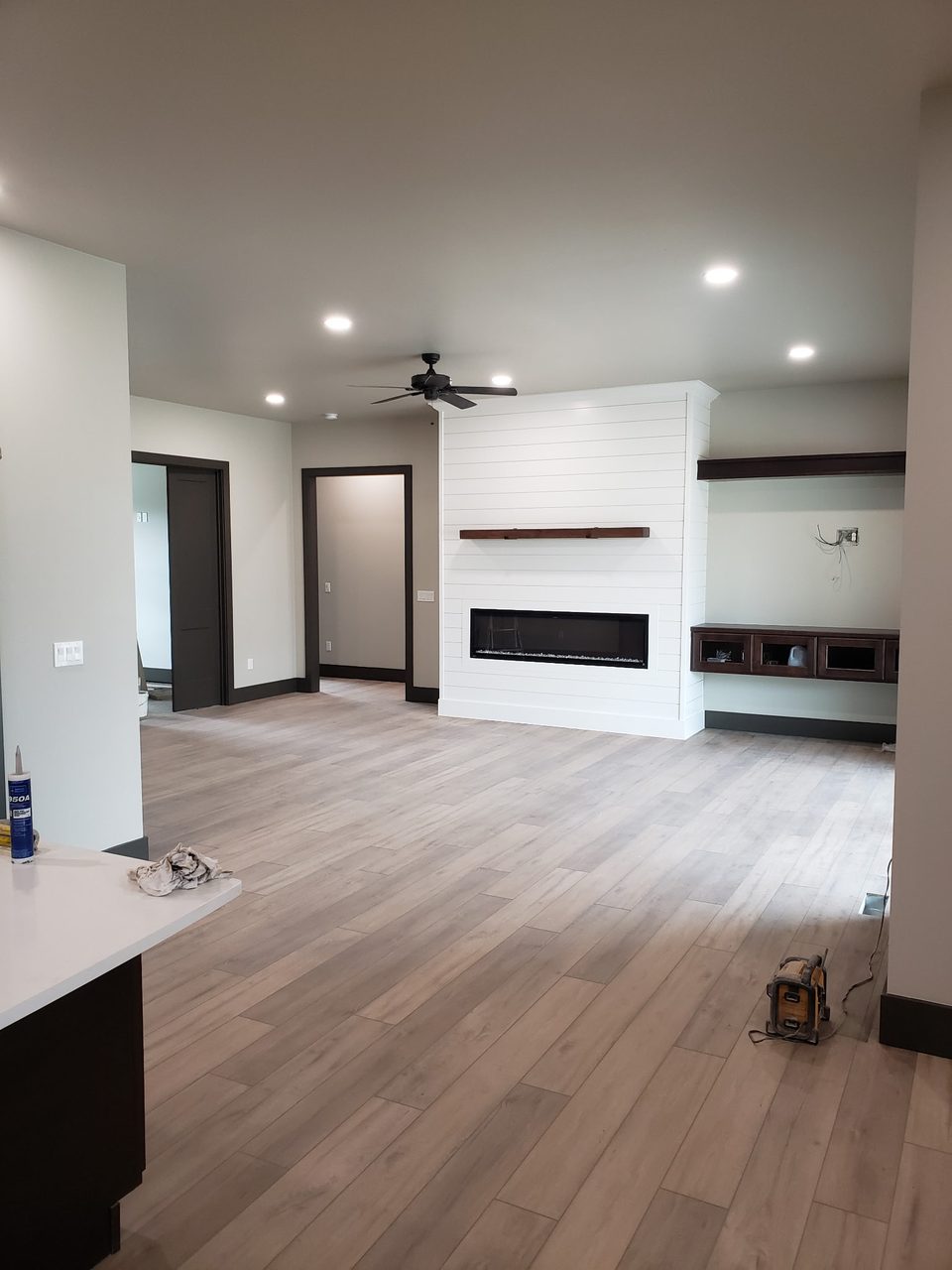 Living room with light walls, a fireplace and tall windows.